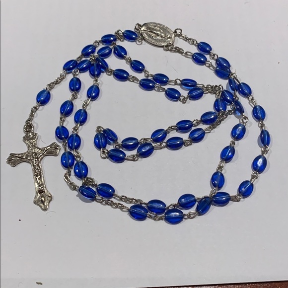 Handmade Jewelry - Vintage rosary w acrylic blue beads, stainless wire 30” w cross and Mary & Jesus